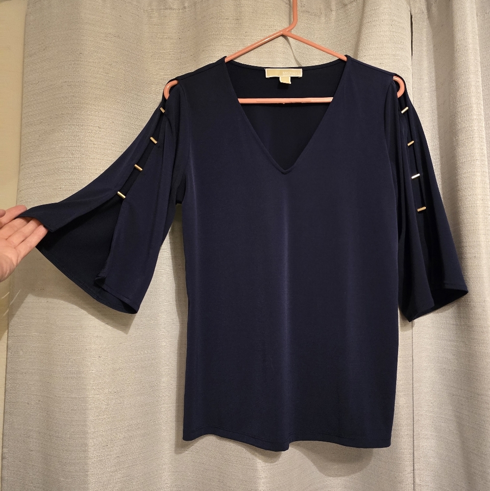 Michael Kors Navy Blouse with Gold Details, Size M